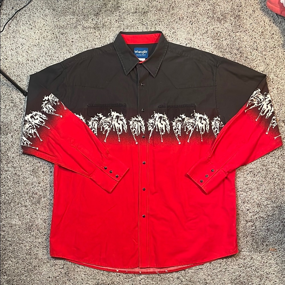 Vintage Wrangler Men Long Sleeve Button Up Black & Red Horse Shirt Size XXL